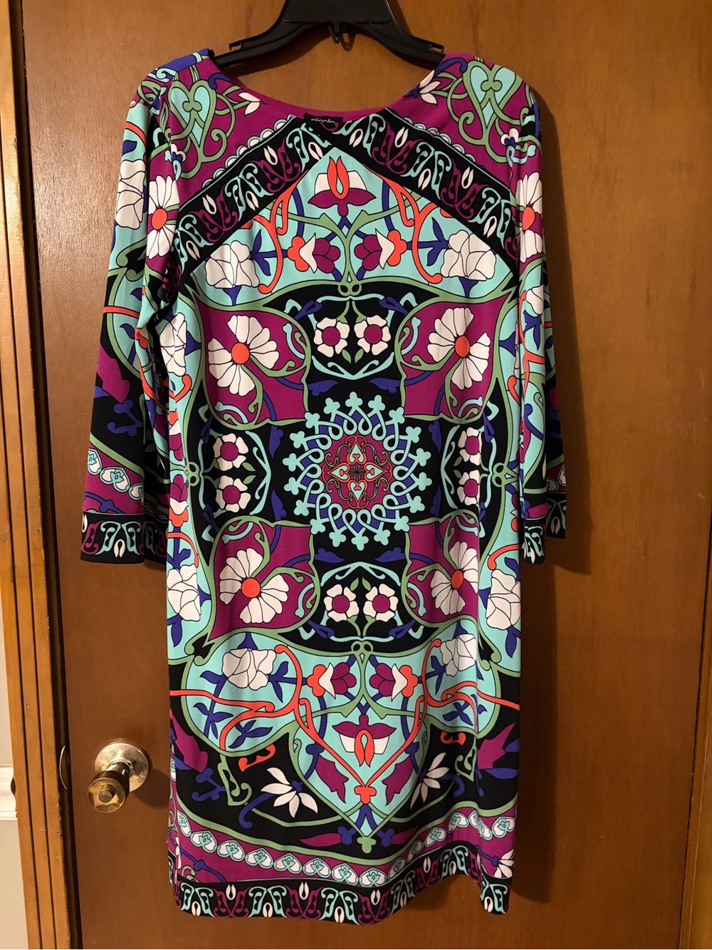 Nicole by Nicole Miller Purple, Teal & Black Patterned Long Sleeve Dress
